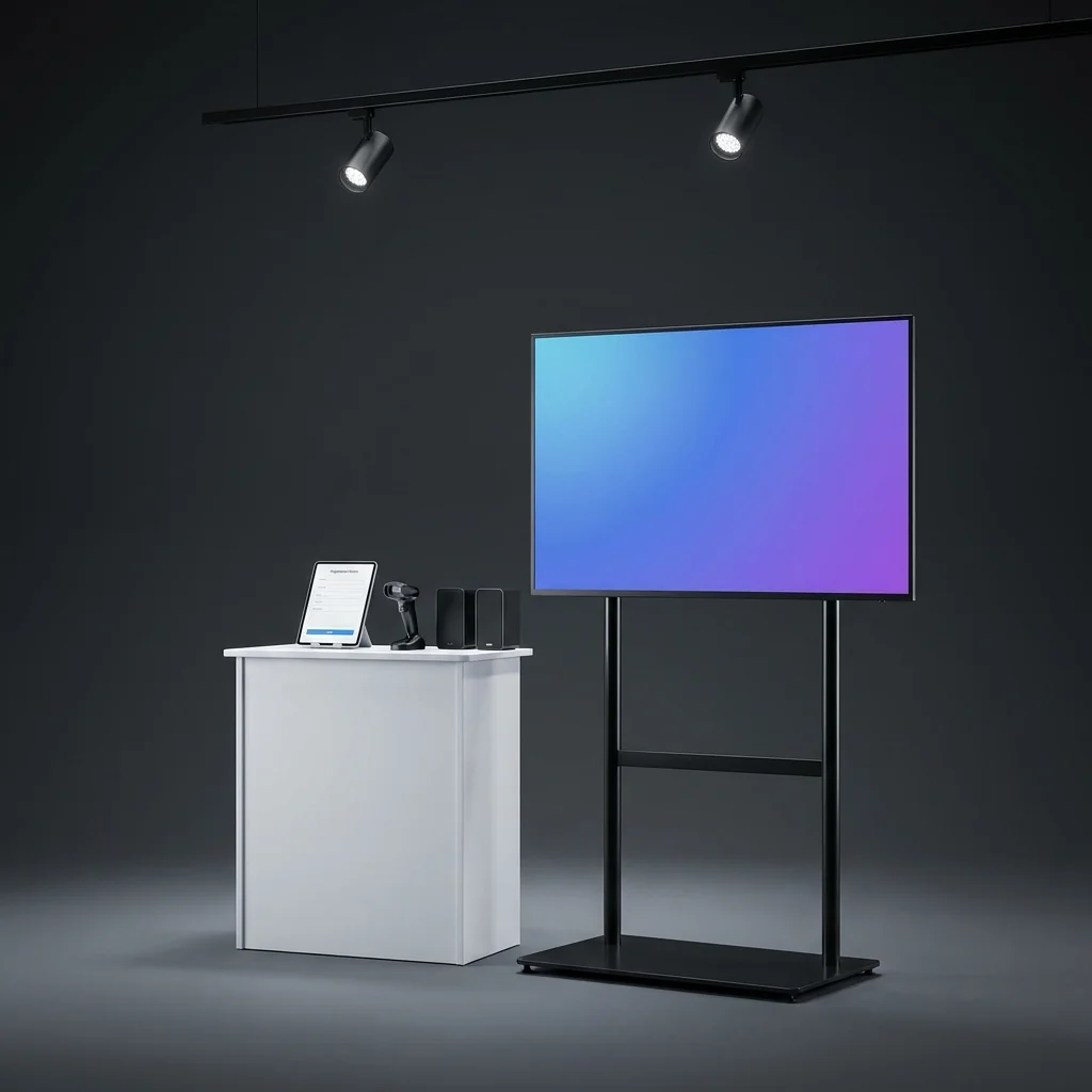 Pacote Feira Institucional — Stand Audiovisual e Acreditação de Visitantes — imagem de produto em estúdio