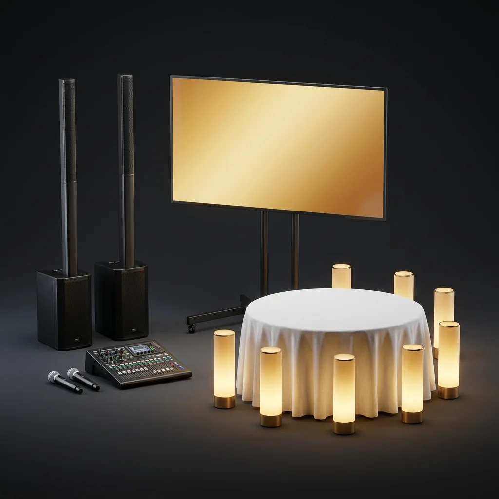 Pacote Gala e Jantar — Som, Luz de Ambiente, Ecrã e Técnico — imagem de produto em estúdio