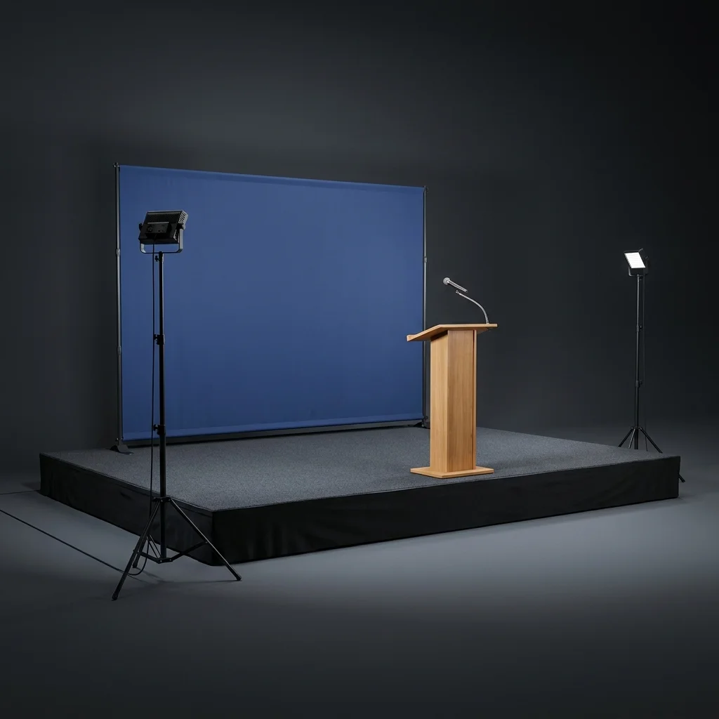 Pacote Palco de Conferência — Palco, Púlpito, Backdrop e Luz — imagem de produto em estúdio
